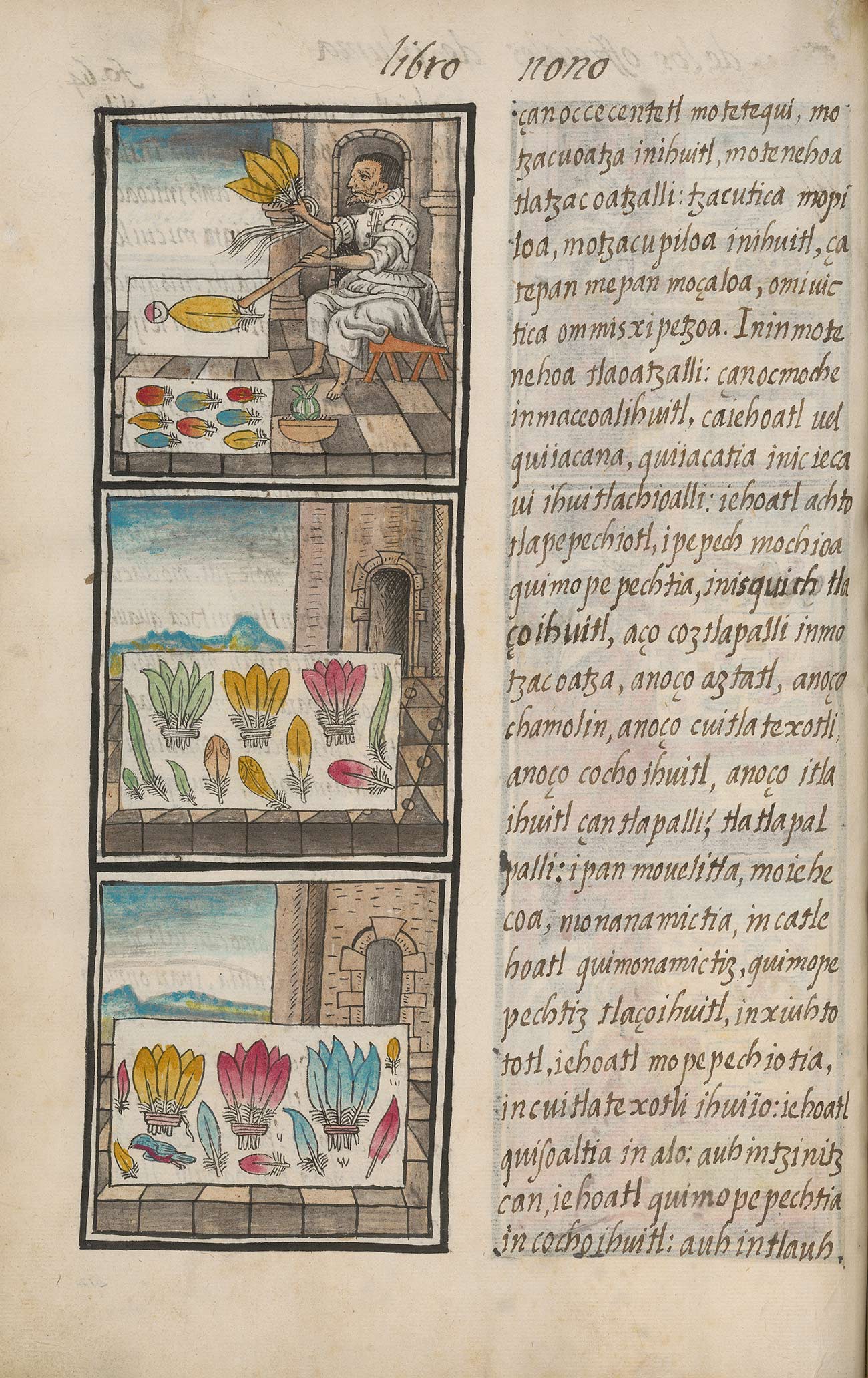 A page with text on the right, and three illustrations on the left showing a person placing feathers on a white sheet.