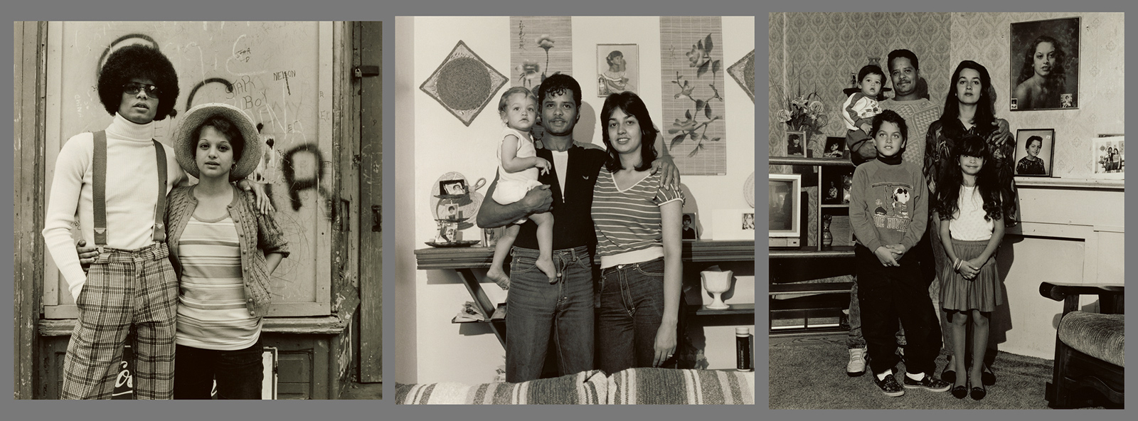Three images of the same man and woman: image 1, young, on a street; image 2, older, in a home and holding a baby; image three, older, with two pre-teen children and a baby.