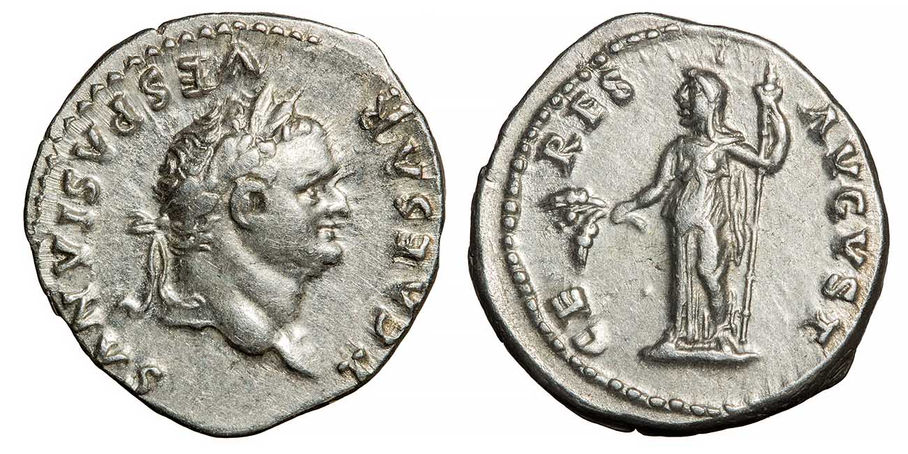 the front and back of a silver coin are side by side. The left shows a head and the right shows a body and the name ceres