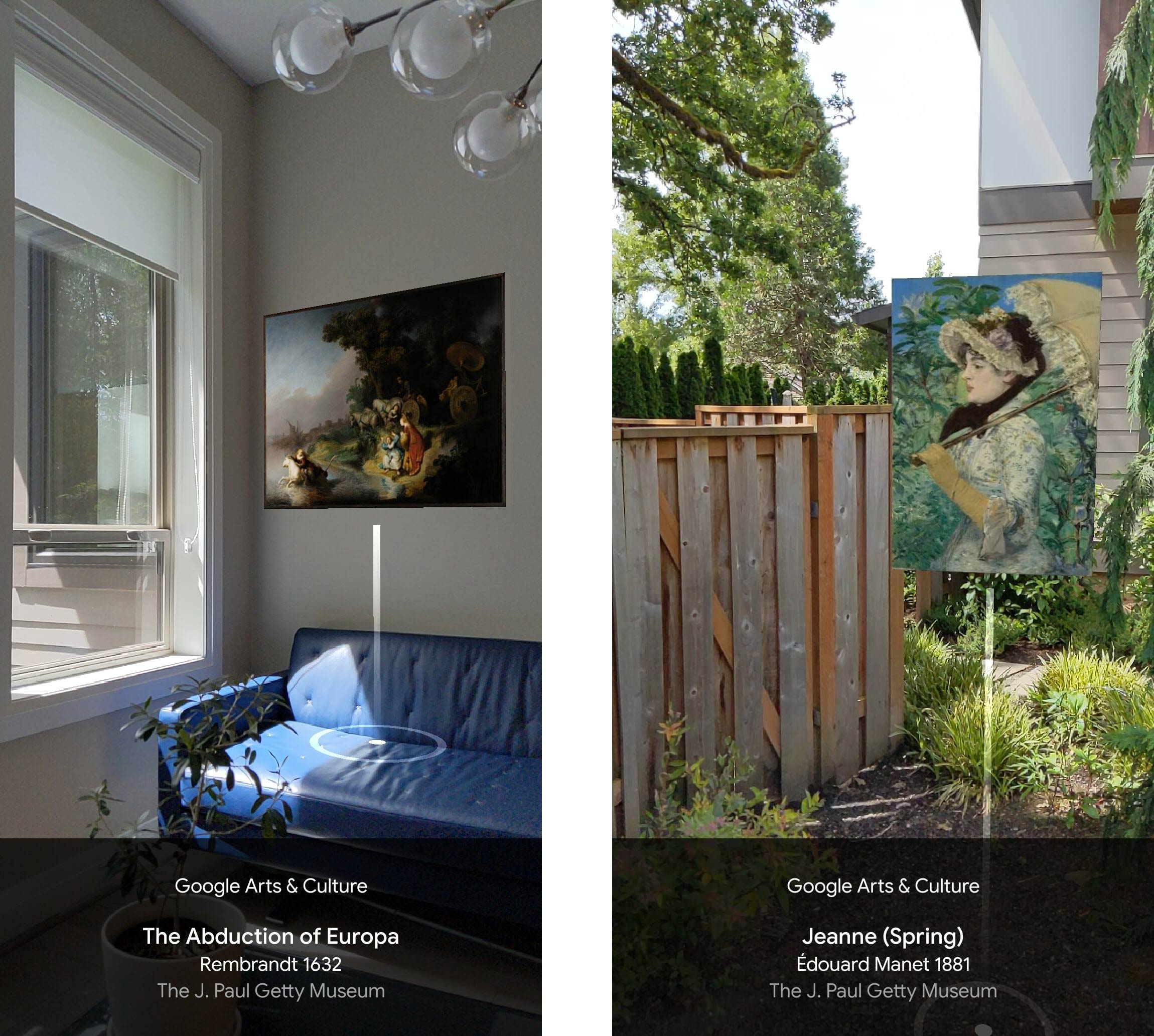 Left: Rembrandt's Abduction of Europa sits on a white wall above a blue leather couch. Right: Manet's Jeanne (Spring) floats in a weedy yard with a vertical-board, wooden fence.