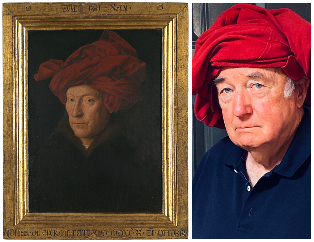 Left, man in a wide red turban, with a golden frame; right, older man wearing a blue polo shirt, with a red jacket wrapped around his head