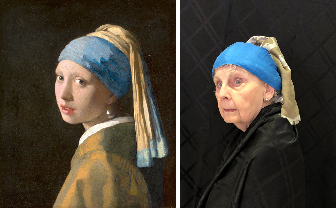 Left, girl with brown coat, white color, blue and brown head scarf, and an earring; right, older woman wearing dark coat, blue plastic on her head, and a brown fringed scarf hanging from the back.
