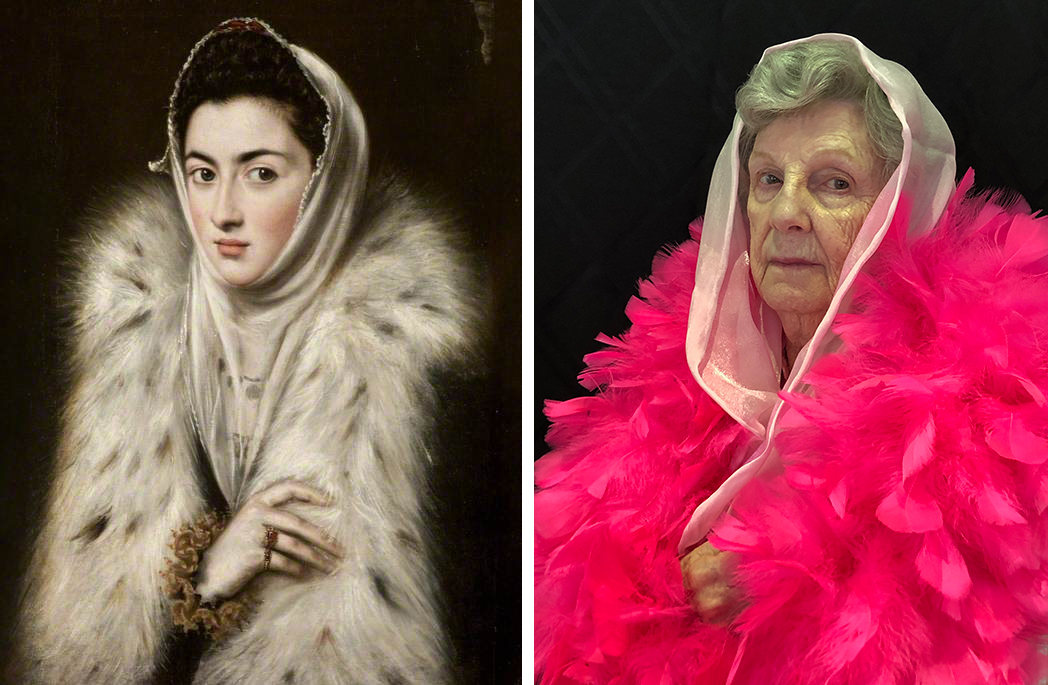 Left, woman in a white fur wrap and white kerchief over her hair; right, an older woman wrapped in a bright pink boa with an iridescent scarf over her hair