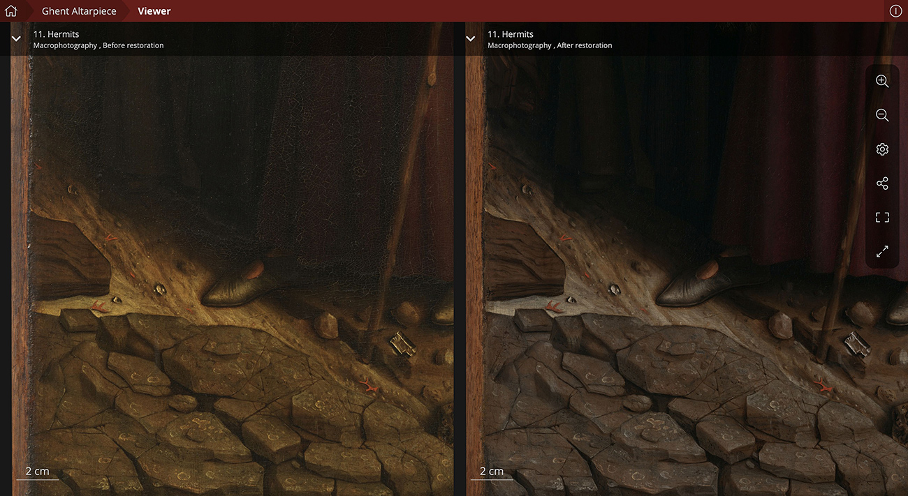 A painting of rocks on the ground and a person standing next to it, with just the shoes, bottom of his robe and a staff visible, depicted twice: on the left, a version of the painting before restoration with less vibrant details, and on the right, a restored version with sharper details and colors