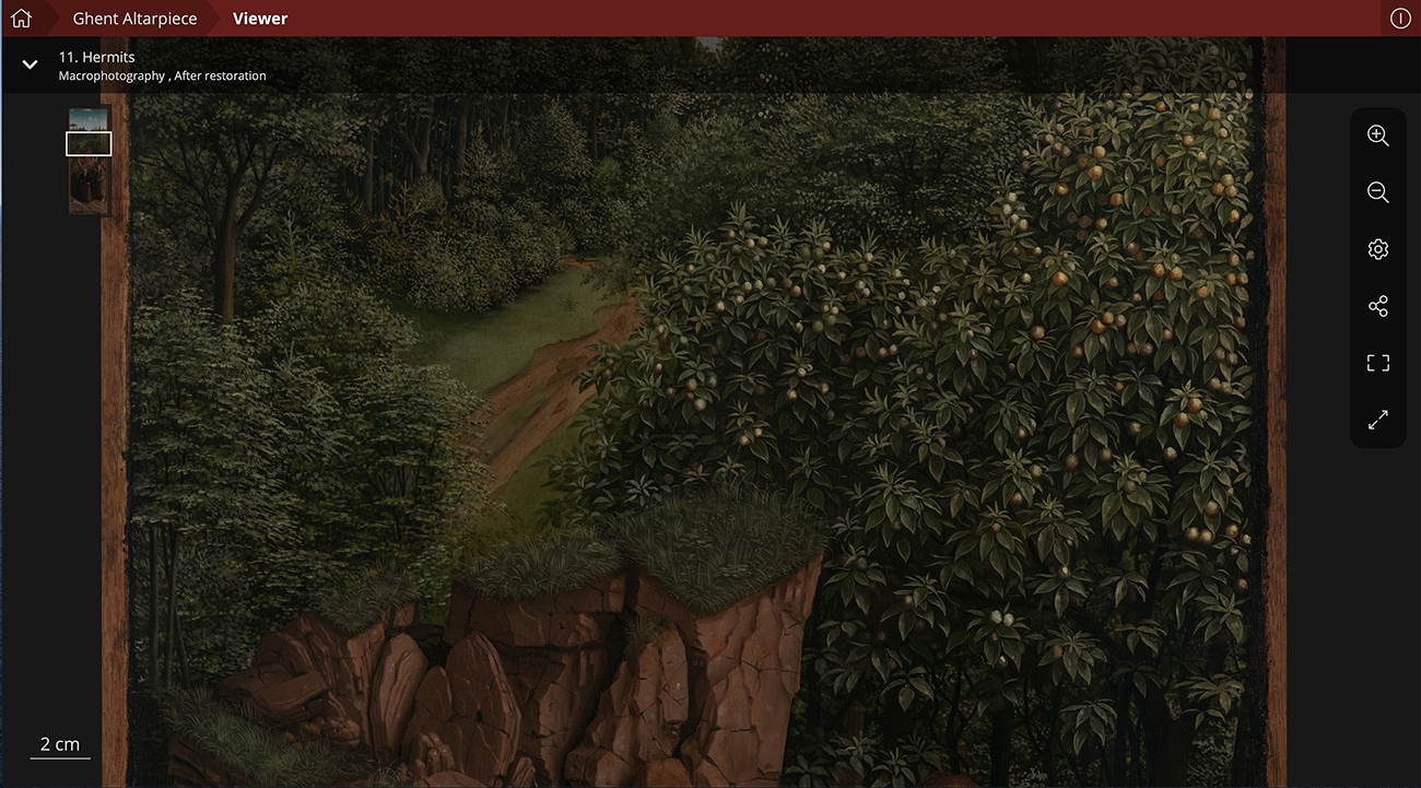 A painting of green leafy trees and a dirt road surrounded by grass