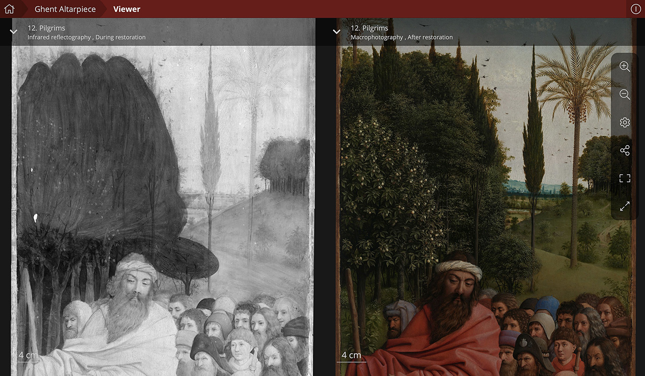 Two views of a painting depicting a bearded man leading a crowd of followers through a field of trees and grass: on the left, a black and white underdrawing, and on the right is the painted version