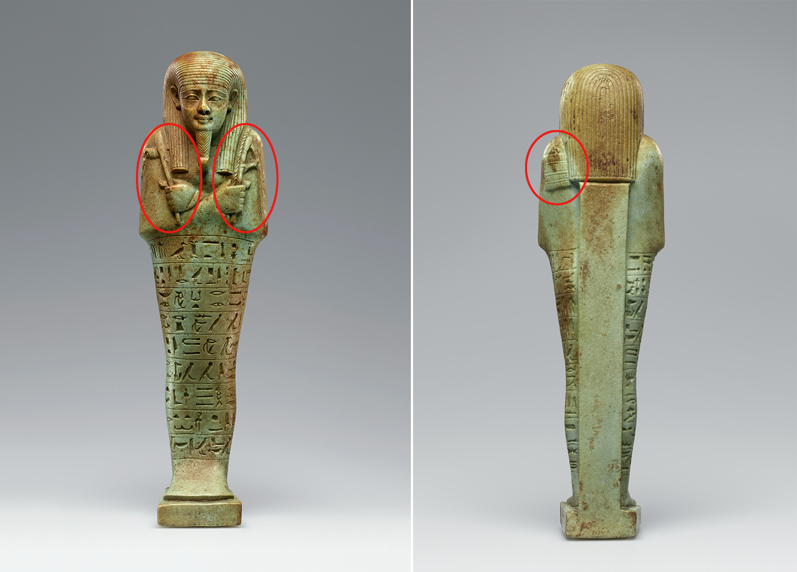 Left, front of green statue with hieroglyphics with circles on the shoulders; right, back of green statue with circle on the shoulder