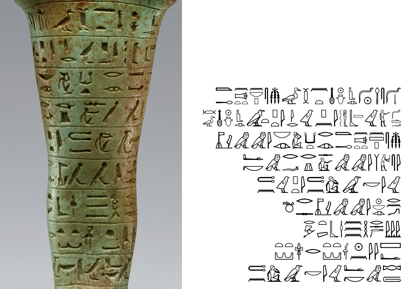 Left, close up of hieroglyphics, symbols of birds and people on a green statue; right, black hieroglyphics on a white background