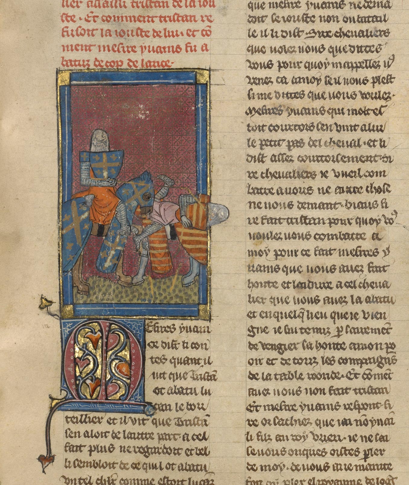 Page from medieval text with writing in the right column and a drawing of a soldier on horseback in the left column