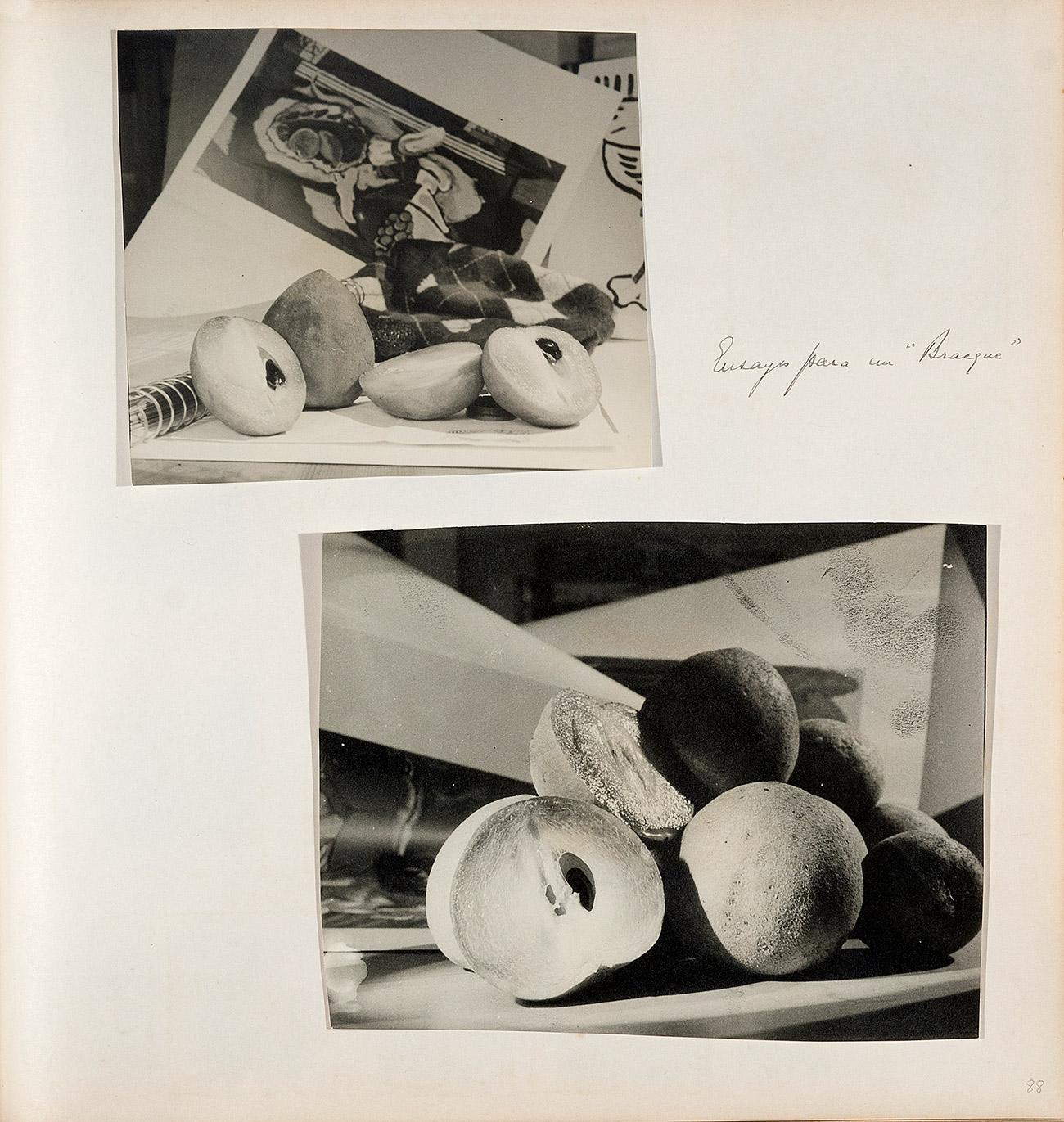 Two black and white images of cut fruit sitting on an open notebook