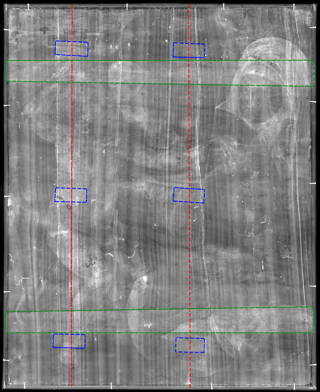 X-ray image of the panel, which shows faint outline of a woman holding two toddlers and an older woman peering over her shoulder, with red and green lines and blue rectangles over the image
