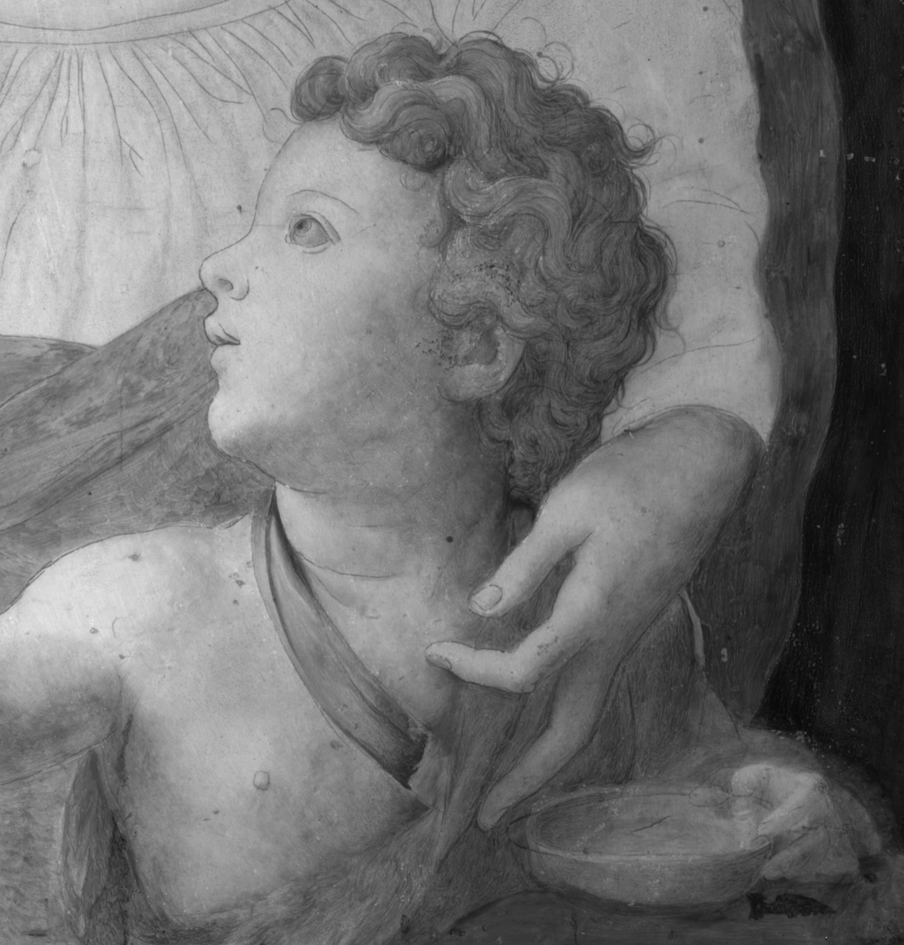 Black and white close-up of the child from the painting with curly hair