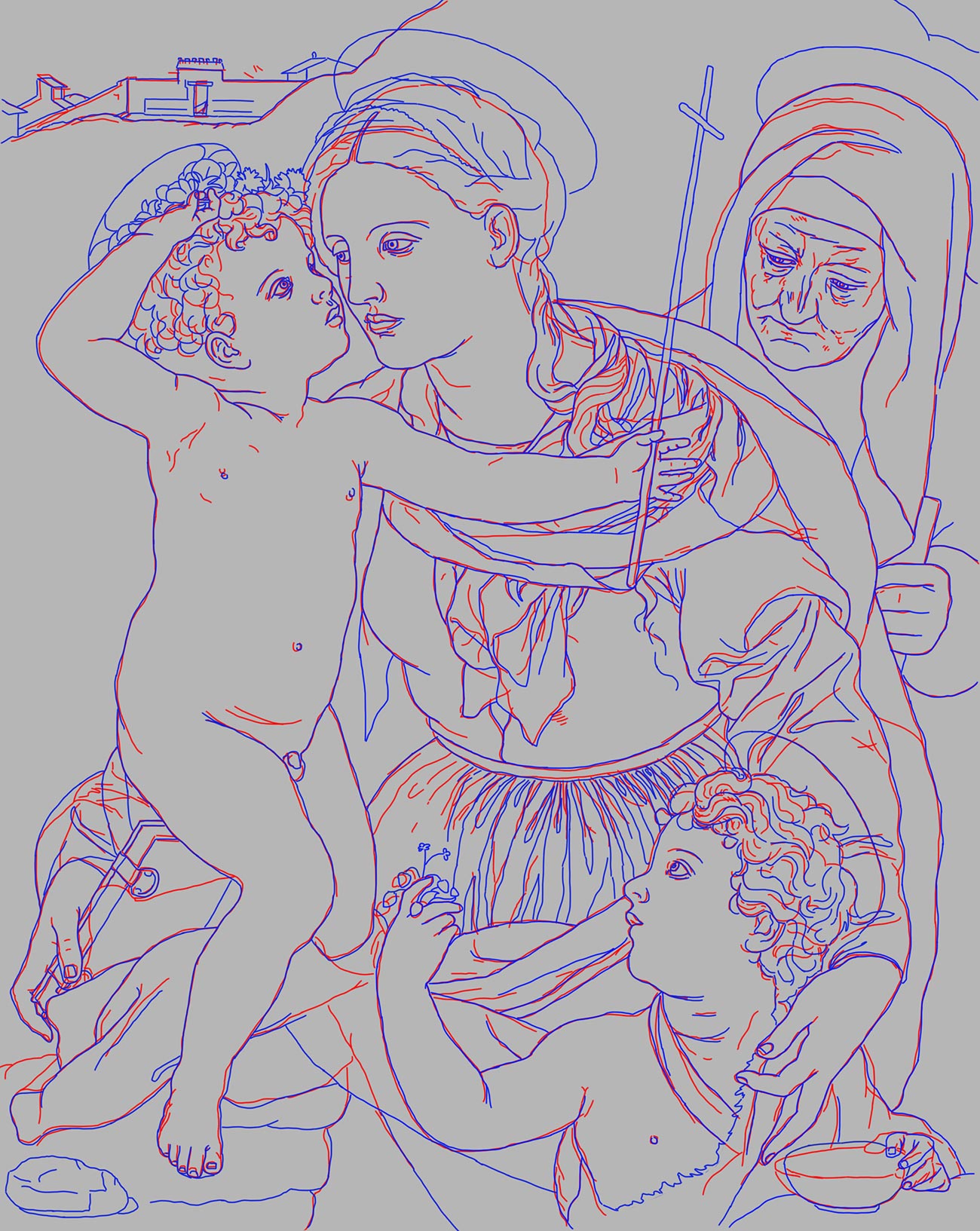 Outline of the painting made with red, blue, and purple lines
