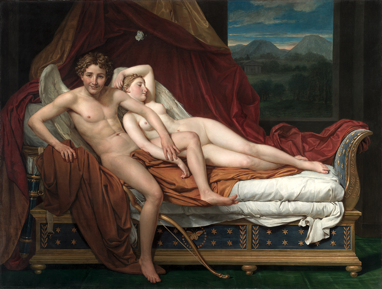 Painting of Cupid, depicted as a nude man with wings, lounges on a chaise draped in fabric with a nude woman