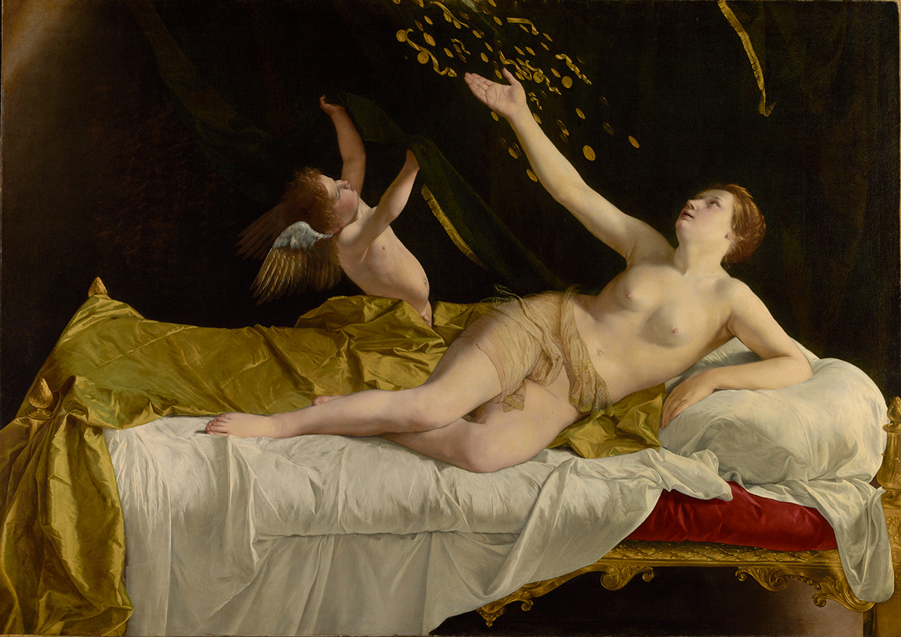 Nude woman with fabric draped around her waist reclining on a chaise lounge, throwing a gold coins in the air with one hand as a cupid on top of the chaise reaches his arms up towards the gold