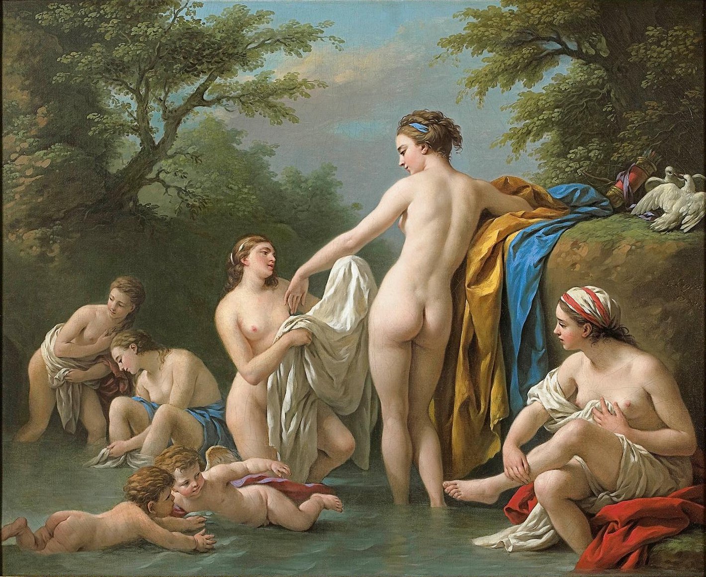 Painting of nude women and nymphs bathing in a stream, with colorful fabric wrapped around themselves