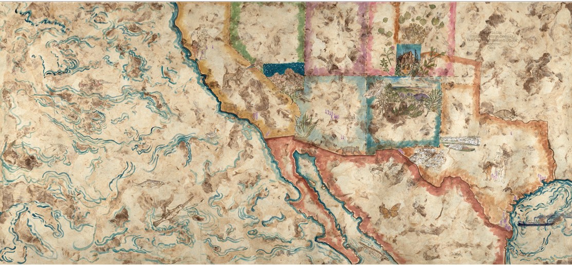 Map of western United States with the states outlined in different colors and small pictures drawn on the states of animals, plants, and insects