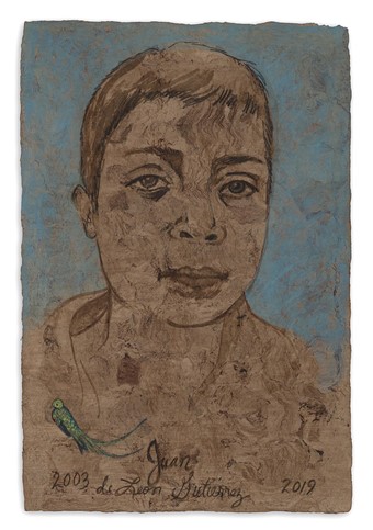 Drawing of a boy from the shoulders up, featuring a small drawing of a parrot in the corner and a hand-written caption that says 2003 Juan de León Gutiérrez 2019