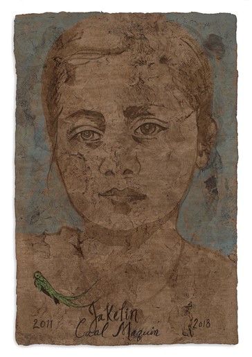 Drawing of a young girl from the shoulders up, with a small drawing of a parrot in the corner and a handwritten caption that says 2011 Jakelin Caal Maquin 2018