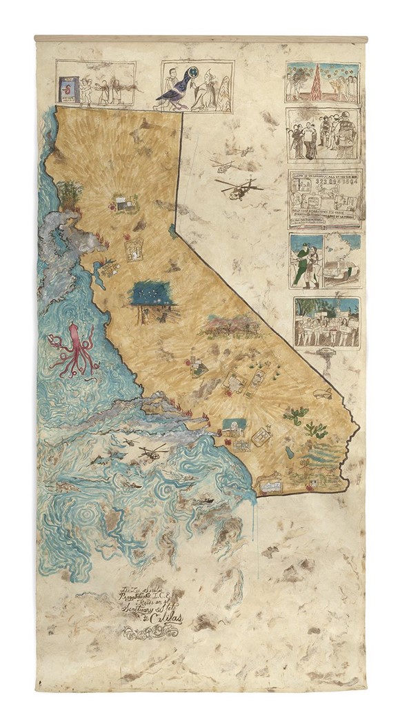 Drawing of California that features smaller drawings on the map, including plants, animals, and helicopters, with drawings in boxes on the side of the page that depict ICE raids