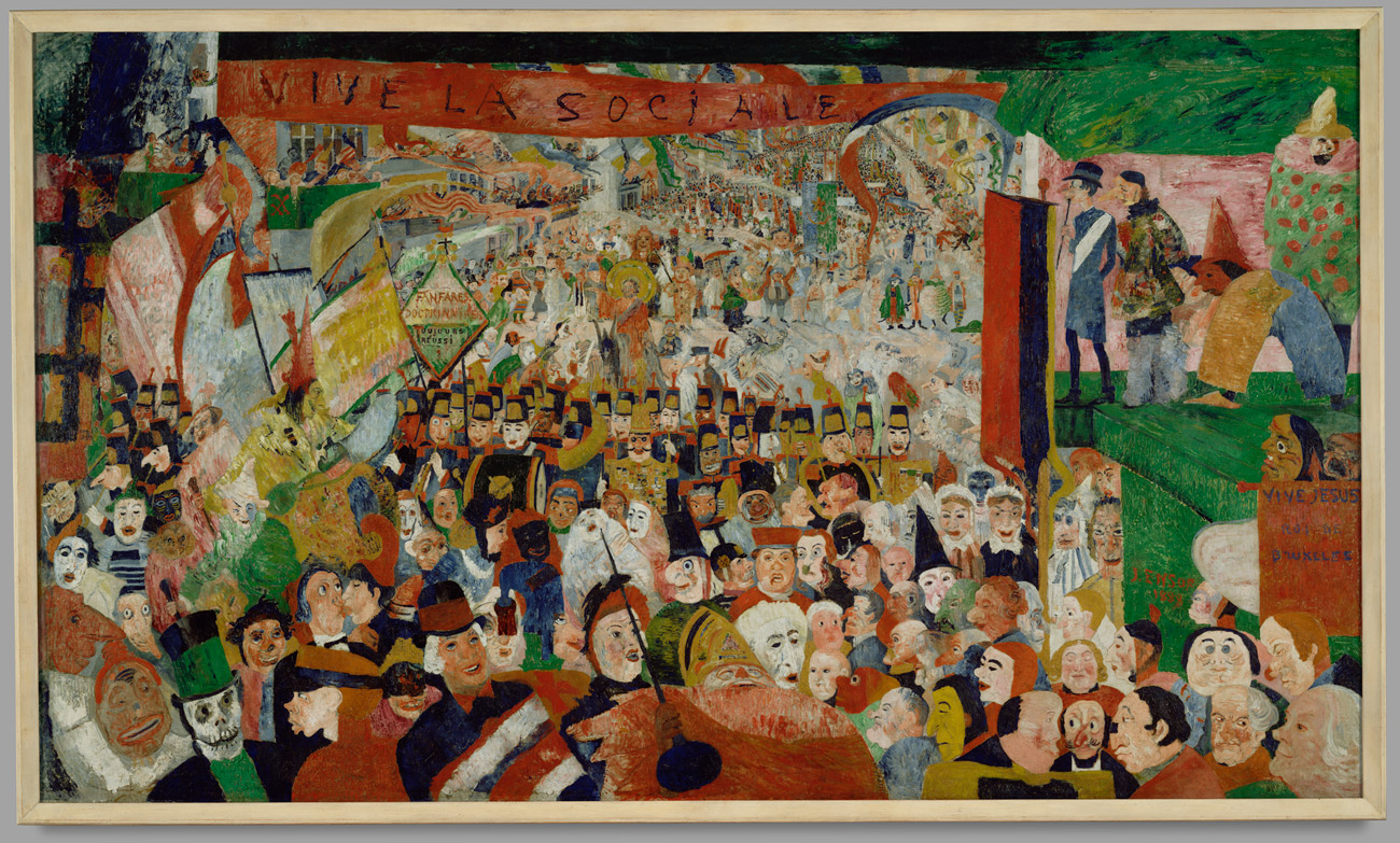 Colorful crowd of people marching down the street, holding banners and signs, surrounded by a simple off-white wooden frame