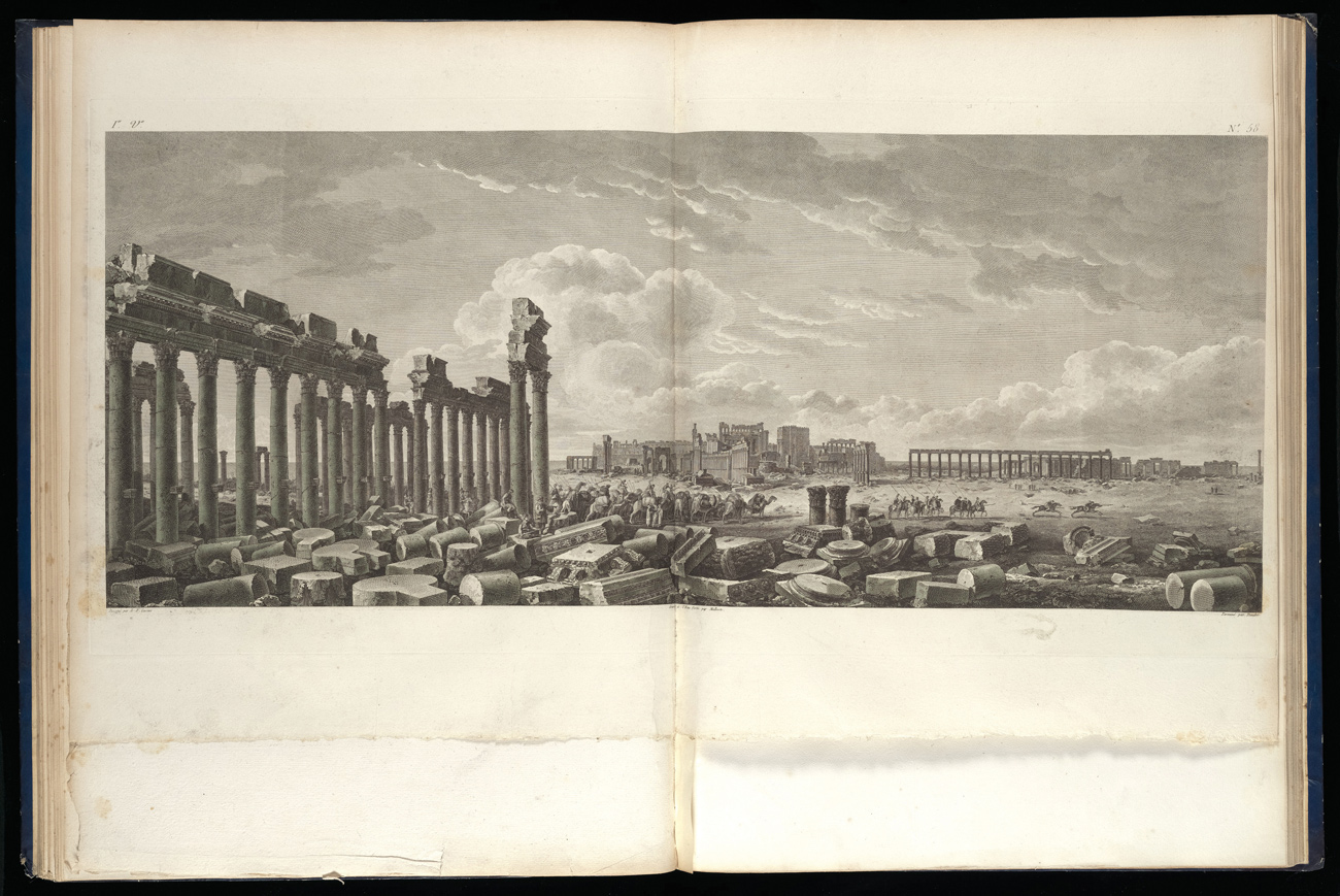 Etched drawing of a pile of rubble next to remains of columns and a partially destroyed city in the background