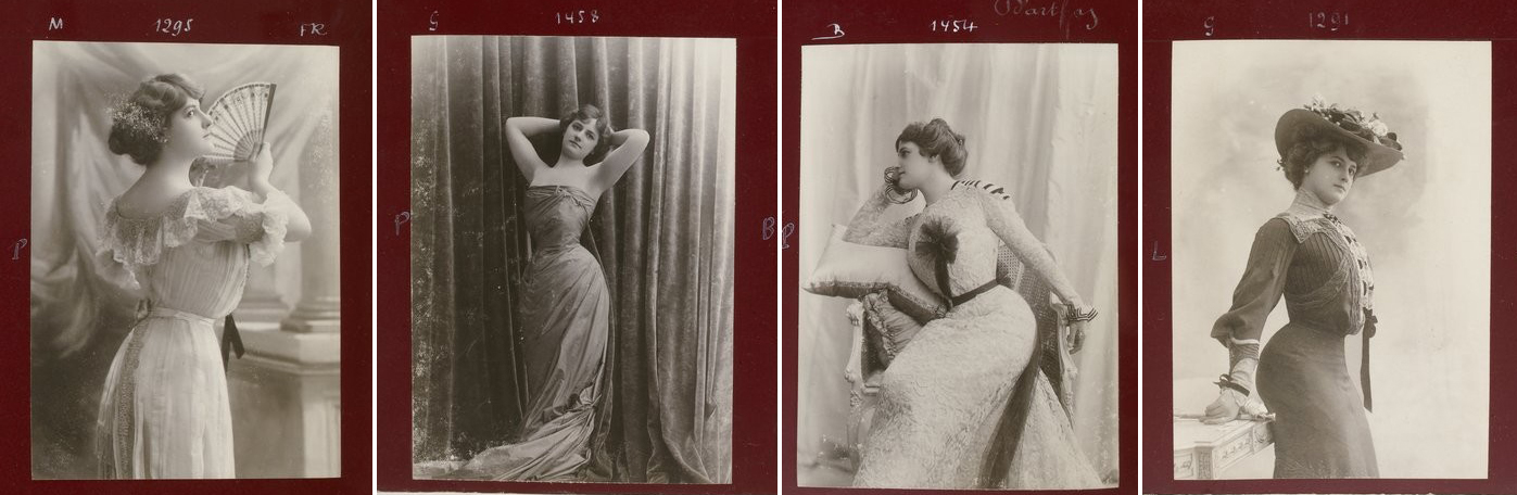 Four posed photos of a woman, each one featuring a different dress and pose: holding a fan, putting her arms above her head, leaning on a chair, and leaning against a table