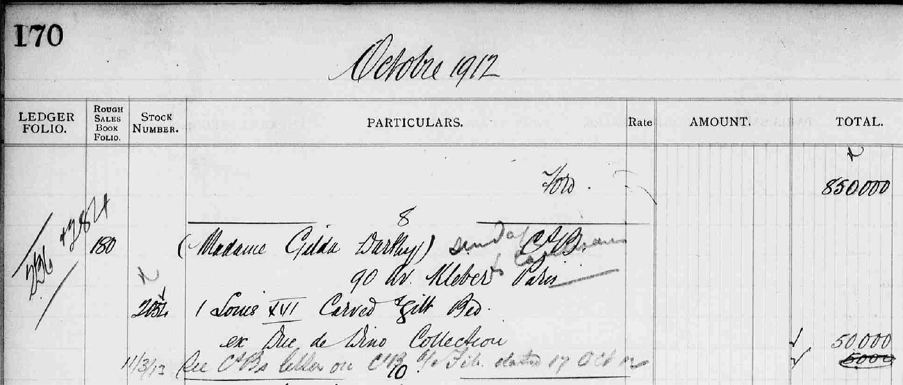 Close-up view of a page of a record book that is labeled October 1912, with writing in French indicating the stock number, particulars, and total price of a bed