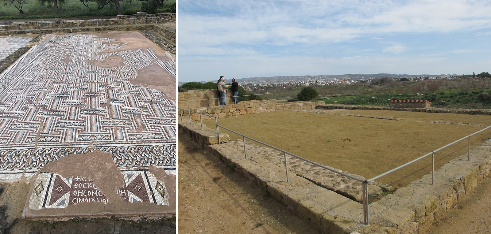 Left: Geometric mosaic in blue and maroon exposed on the ground, with dirt covering portions of the mosaic. Right: Short stone wall surrounding rectangular patch of ground, overlooking hillside and city