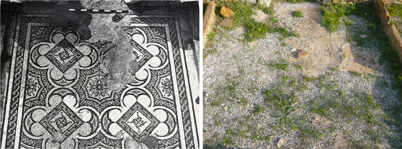 Left: Black and white mosaic floor in a geometric, floral pattern that is partially destroyed in one spot. Right: Section of ground that is partially covered by grass, shrubs, and gravel