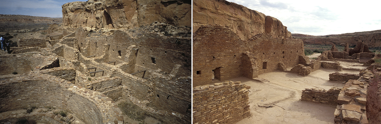 Left: Excavated ruins of a house with many small rooms and no roof in a rocky dry hillside. Right: Excavated ruins of walls with doorways and windows on a rocky hillside
