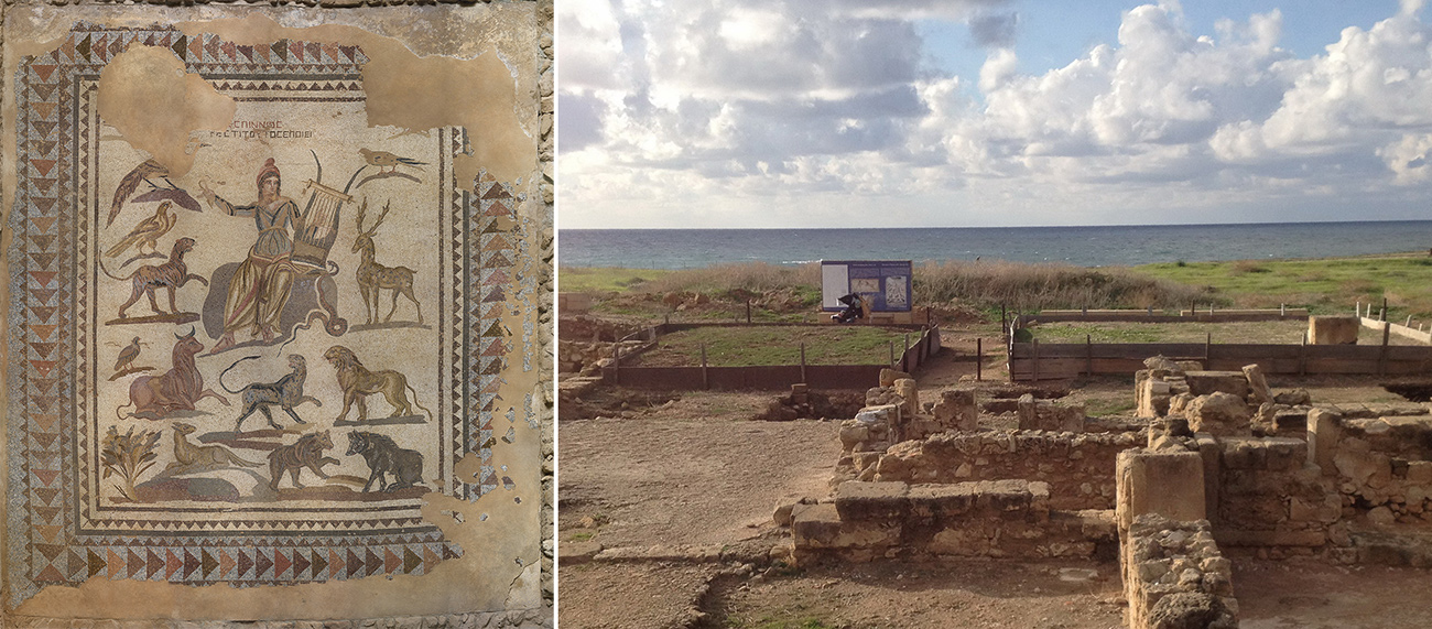 Left: Mosaic that depicts a man surrounded by different types of animals, with a geometric border that is partially destroyed. Right: Ruins of stone walls next to a grassy area that overlooks the ocean