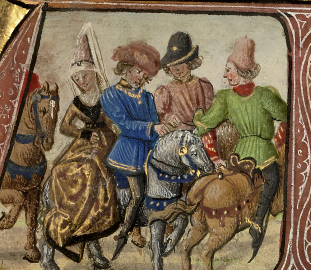 Illuminated drawing of men on horseback, with one woman wearing a pointed hat with veil on the horse behind one of the men