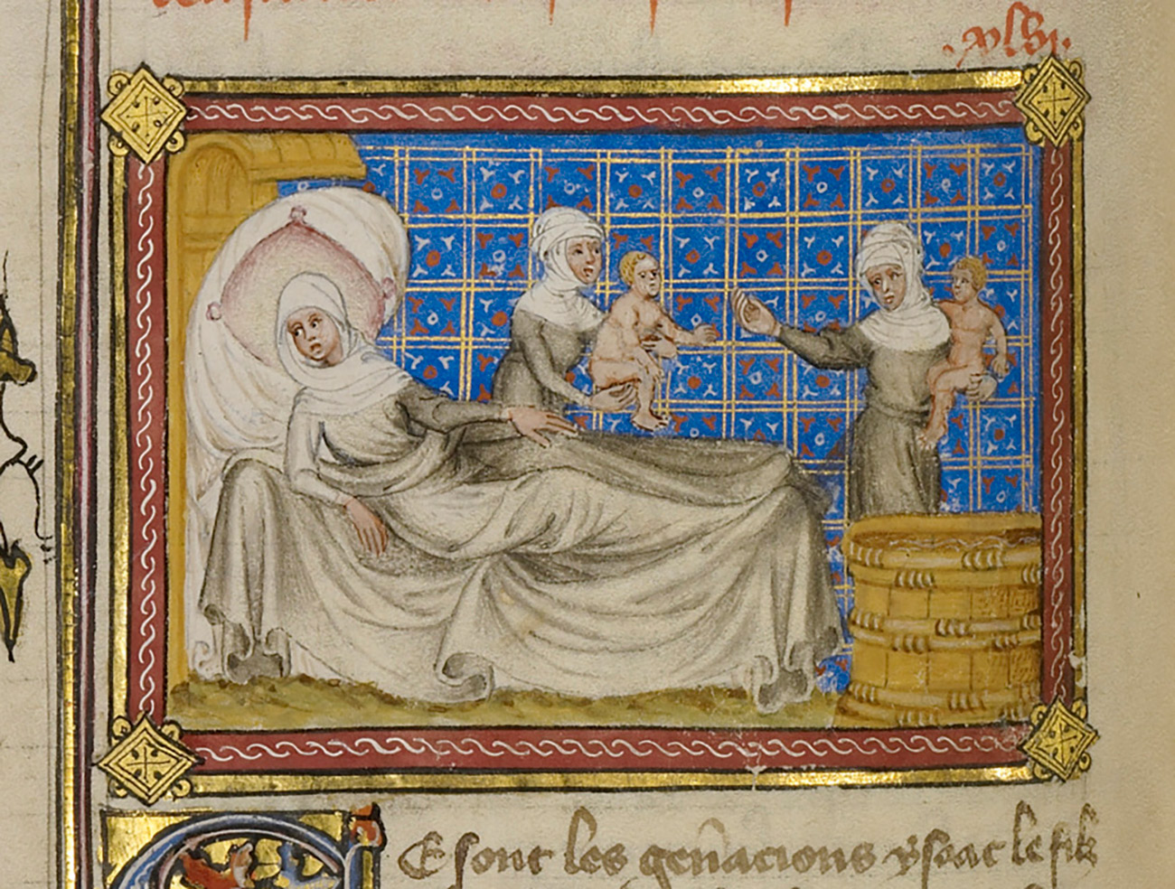 Illuminated drawing of woman wrapped in robes lying on a bed, whole two other women each carry babies to a tub of water