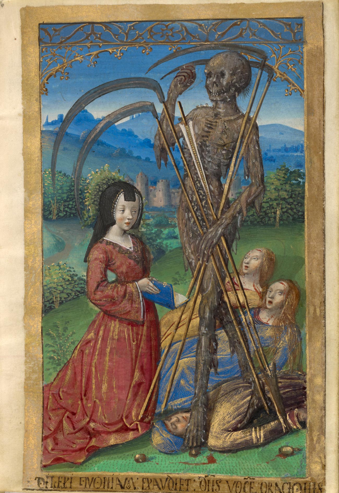 Girl in red dress holds an open book in front of a tall skeleton, holding four scythes, with two other women cowering in fear and a man lying dead on the ground
