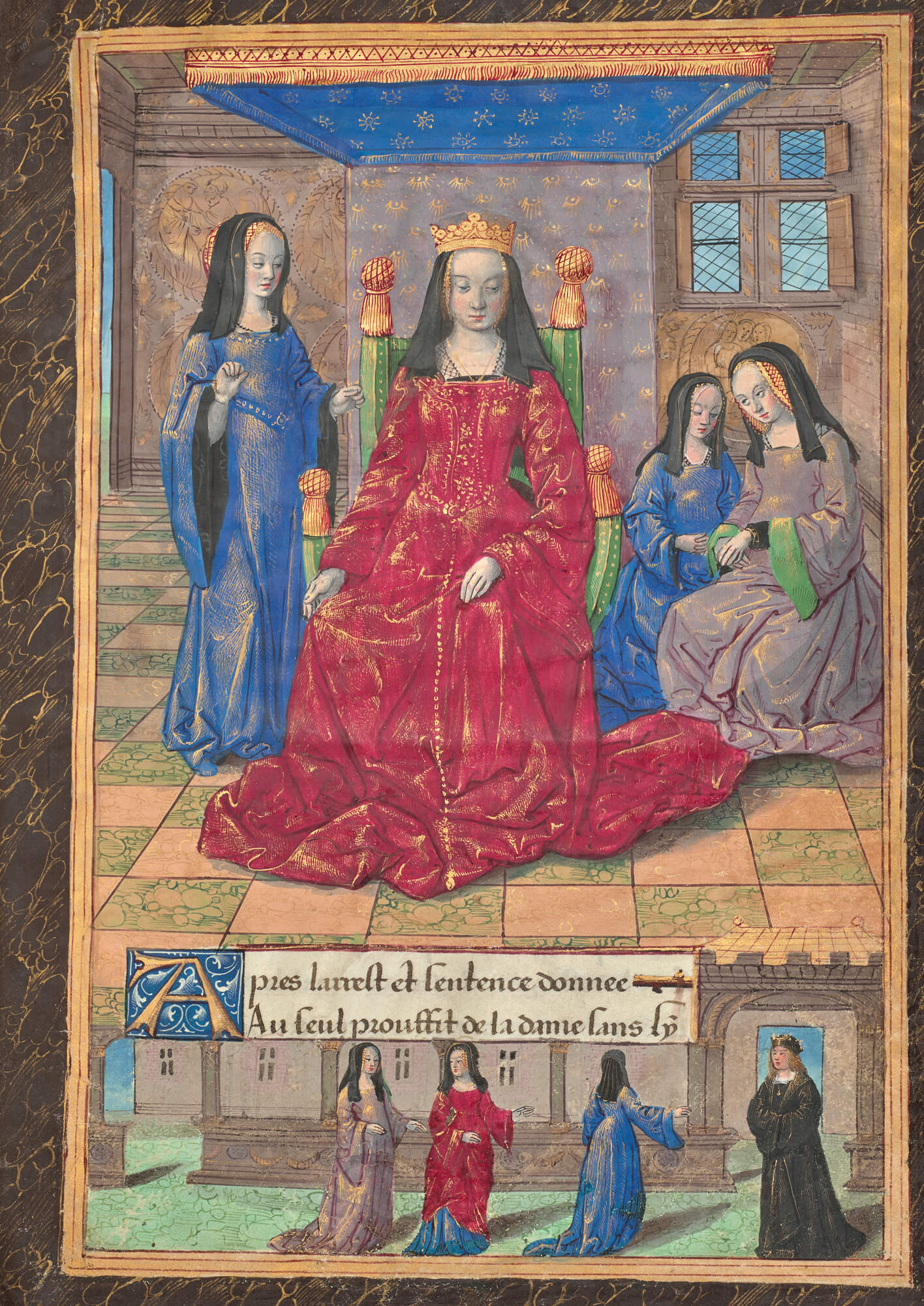 Woman wearing red dress and crown sitting on a throne surrounded by ladies in waiting