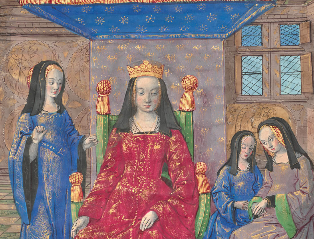 Close-up view of drawing of queen on a thrown, surrounded by three ladies in waiting