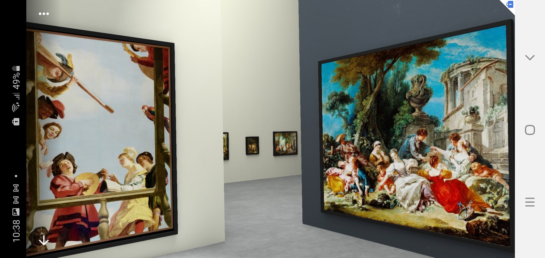 Virtual gallery with two paintings displayed on walls, with smaller paintings further away on a back wall