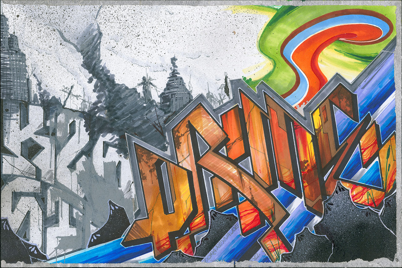 Bright colored letters spelling Prime overlaid on black and white letters and buildings