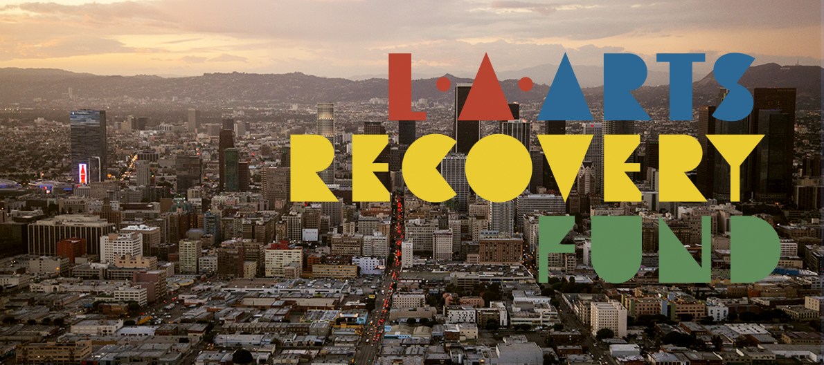 birds eye view of city buildings with the words LA Recovery Fund on top
