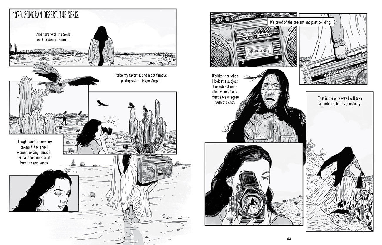 Two side-by-side graphics show rectangles with a woman, a bird and a cactus. A woman holds a camera to her face.
