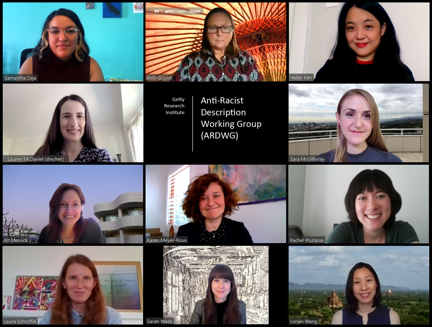 Eleven women’s faces are lined up, each one in its own Zoom square.