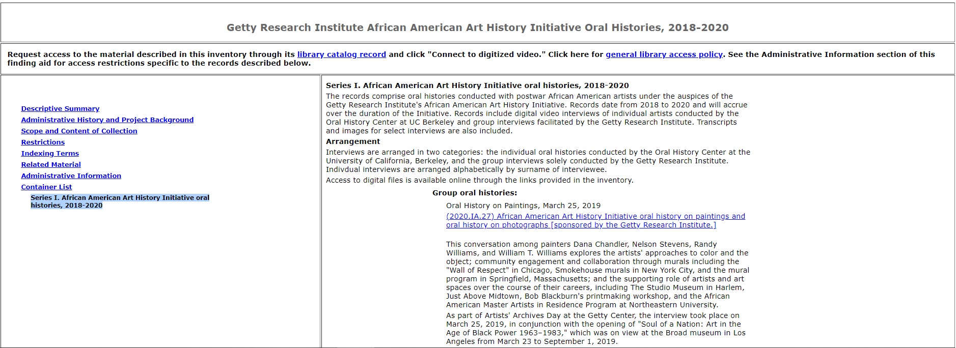 Screenshot from a digital library record shows an entry about African American Art History Initiative Oral Histories.