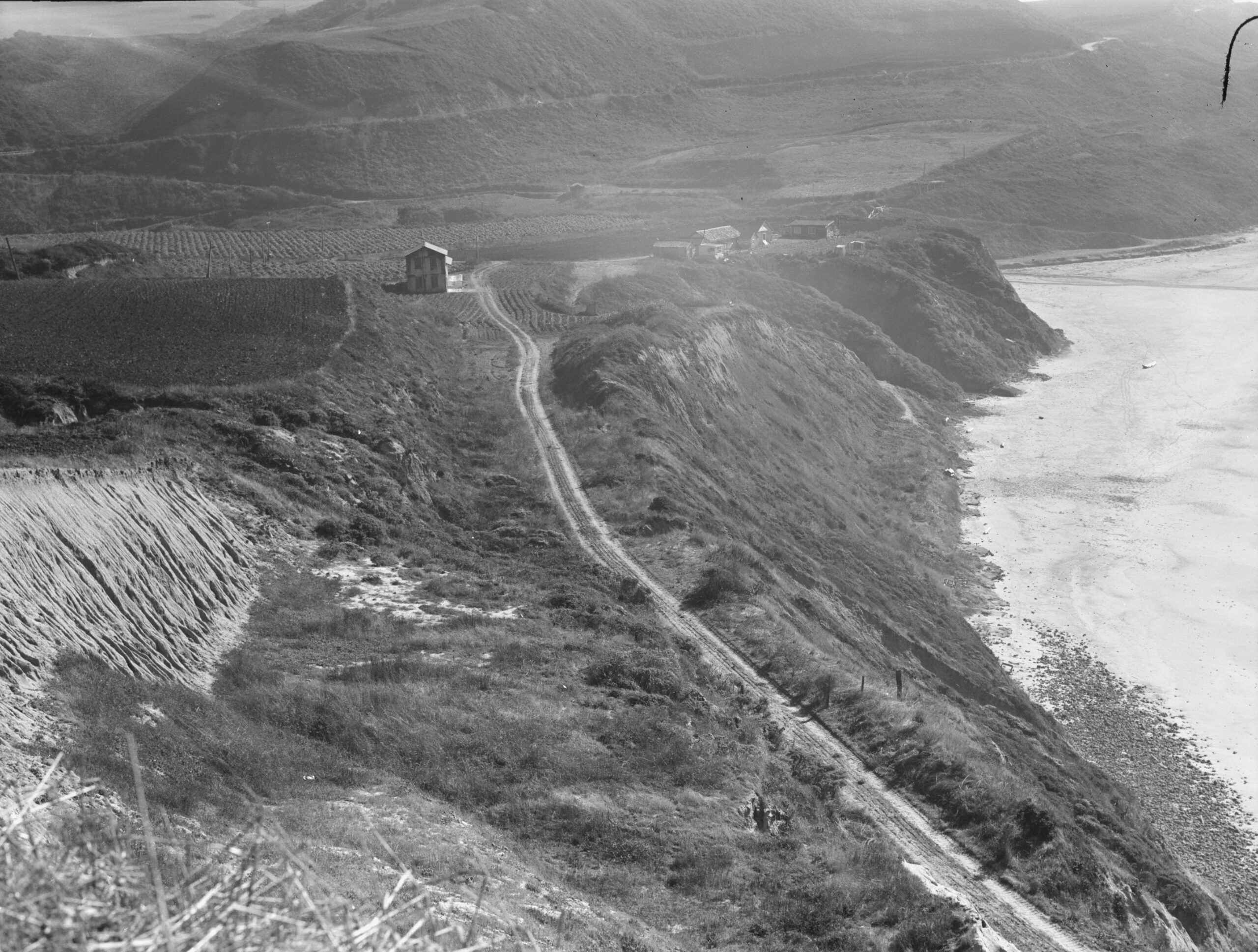 <em>Near Half Moon Bay, California coast. Artichoke farms reach to the water's edge</em>, 1938, Dorothea Lange. Digital file from original negative. Library of Congress, Prints & Photographs Division, FSA/OWI Collection, LC-DIG-fsa-8b32751 Black and white photograph from above of a road skirting a cliff next to the ocean. In the distance is a small house.