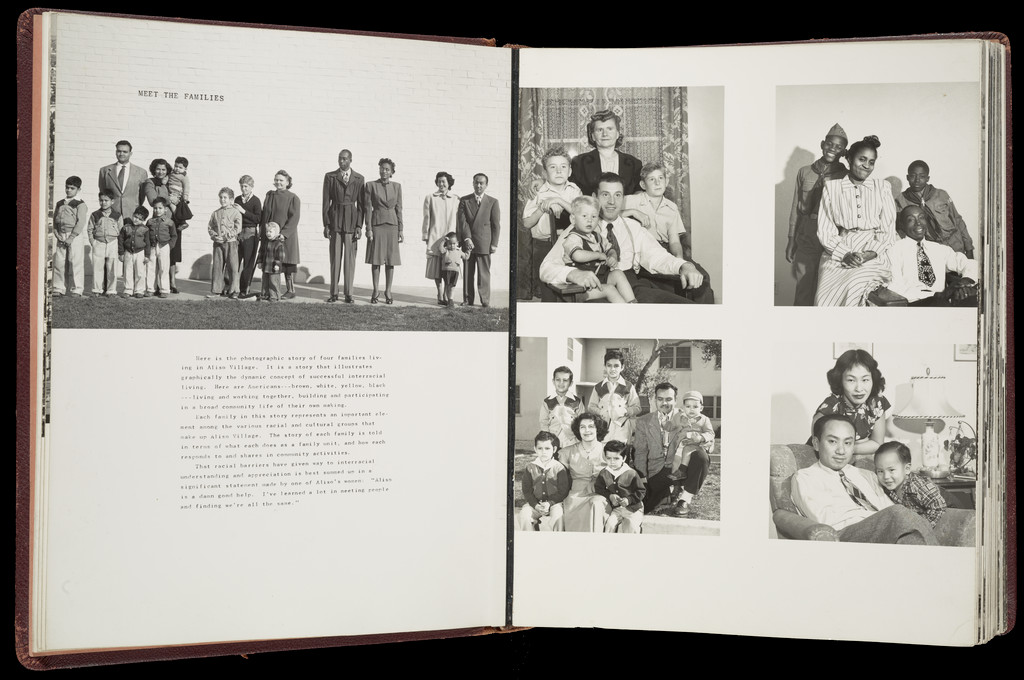 Open pages of Aliso Village, USA that include text and portraits of four families