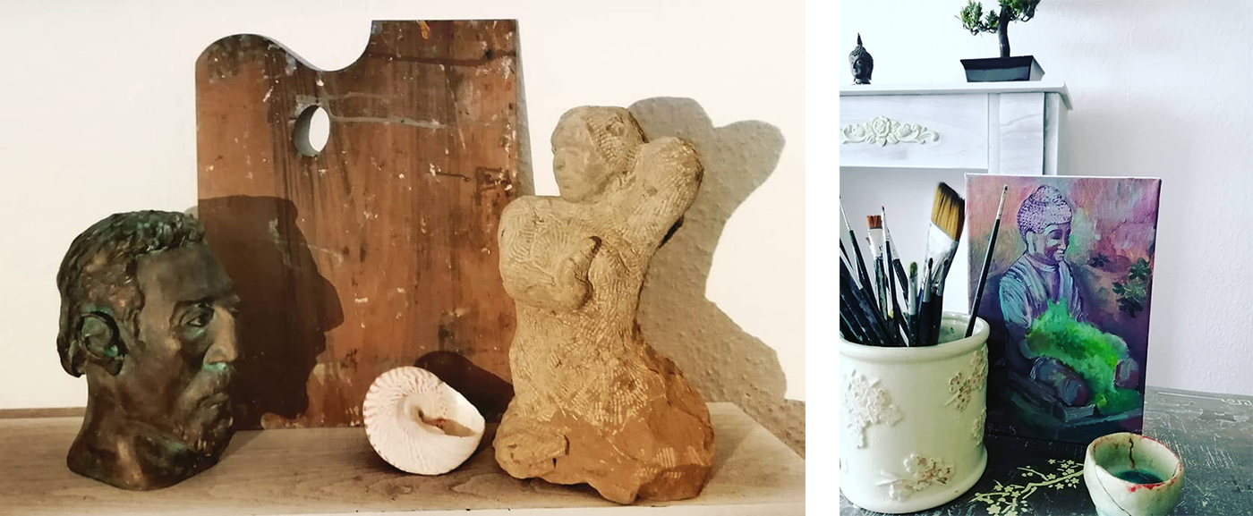 Left: Bronze bust of artist Paul Gauguin, next to an old wooden painter’s palette, next to a shell and a sculpture of woman’s torso and head. Right: White cup filled with paintbrushes, a painting of Buddha, a small white dish, and behind these items a white table with a bonsai tree on top