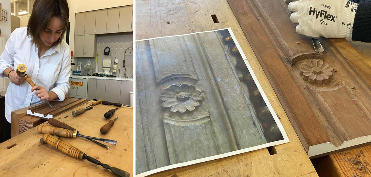 Left, a conservator uses a gouge to carve into wood; right, a close up of the carving into a piece of wood