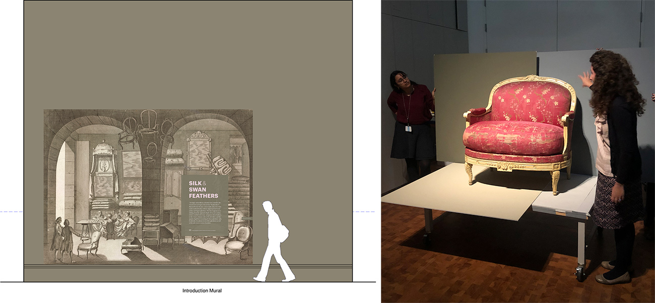 Left, a graphic of a design of the wall mural; right, two museum designers look at the chair in the gallery and compare different color panels behind it.
