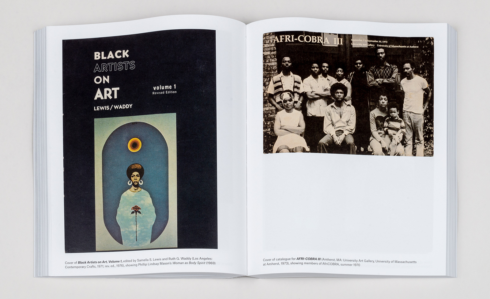 Two pages of Soul of a Nation Reader. On the left, a print of a woman from the cover of the Black Artists on Art catalog, and on the right, a group photo of artists from the AFRI-COBRA III catalog