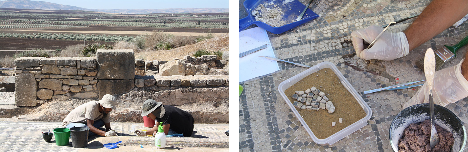 Left: Two trainees sitting on a mosaic in Volubilis and carrying out a cleaning treatment. Right: A close view of several tiles removed from the mosaic, while gloved hands clean the surface underneath.